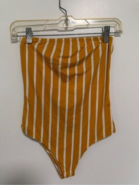 Objex Striped Mustard & White Strapless Bodysuit size small